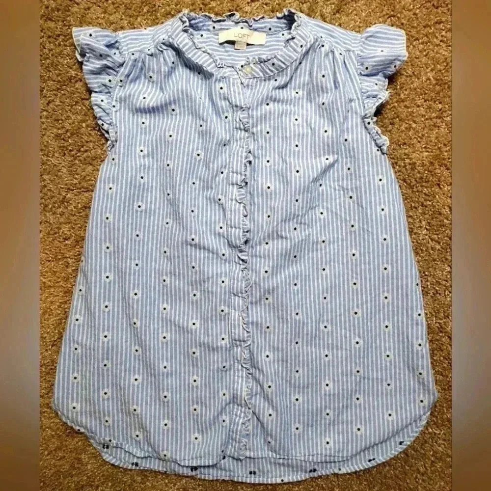 LOFT Floral Striped Ruffle sleeve Button down top